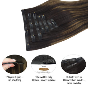DOORES Hair Extensions Seamless Clip in Human Hair, Dark Brown to Chestnut Brown 7pcs 110g 16 Inch,