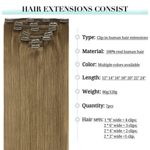 DOORES Hair Extensions Clip in Human Hair, Medium Brown 16 Inch 7pcs 120g