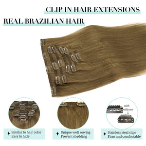 DOORES Hair Extensions Clip in Human Hair, Medium Brown 16 Inch 7pcs 120g