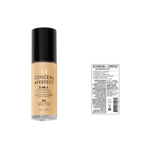 Milani Conceal + Perfect Liquid Foundation - Light Beige, 1 Fl. Oz. Cruelty-Free, Water-Resistant, Oil-Free, Medium-To-Full Coverage, Satin Matte Finish
