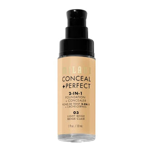Milani Conceal + Perfect Liquid Foundation - Light Beige, 1 Fl. Oz. Cruelty-Free, Water-Resistant, Oil-Free, Medium-To-Full Coverage, Satin Matte Finish