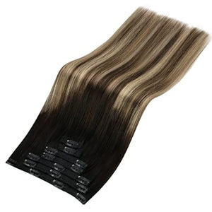 YoungSee Clip in Hair Extensions Real Human Hair Ombre Clip on Hair Extensions Ombre off Black to Dark Brown Mix Caramel Brown Balayage Natural Straight Hair Clip in Extensions 18Inch 120G 7Pcs