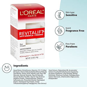 L'Oreal Paris Skincare Revitalift Anti-Wrinkle and Firming Eye Cream with Pro Retinol, Treatment to Reduce Dark Circles, Fragrance Free, 0.5 oz.