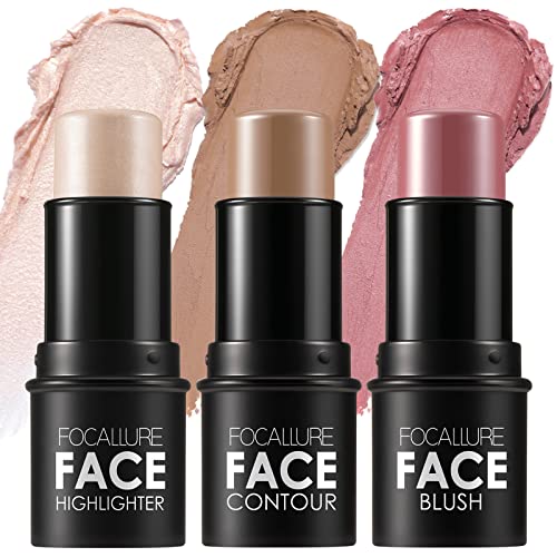 FOCALLURE 3 Pcs Cream Contour Sticks,Shades with Highlighter & Bronzer & Blush,Non-greasy and Waterproof Contouring Pen,Easy to Sculpt the Face and Create a Lightweight Finishing Makeup,LIGHT-MEDIUM