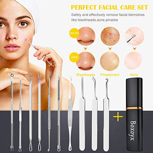 Blackhead Remover Tool, Boxoyx 10 Pcs Professional Pimple Comedone Extractor Popper Tool Acne Removal Kit - Treatment for Pimples, Blackheads, Zit Removing, Forehead,Facial and Nose(Silver)