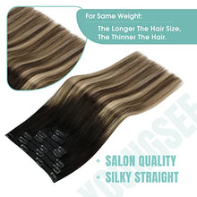 Load image into Gallery viewer, YoungSee Clip in Hair Extensions Real Human Hair Ombre Clip on Hair Extensions Ombre off Black to Dark Brown Mix Caramel Brown Balayage Natural Straight Hair Clip in Extensions 18Inch 120G 7Pcs