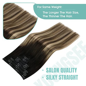 YoungSee Clip in Hair Extensions Real Human Hair Ombre Clip on Hair Extensions Ombre off Black to Dark Brown Mix Caramel Brown Balayage Natural Straight Hair Clip in Extensions 18Inch 120G 7Pcs