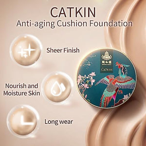 Catkin Phoenix Cushion Foundation Buildable Coverage Anti-Aging Serum Makeup, Sheer Satin Finish, Refill Included, Light Beige 0.46 Oz x 2, C01 Natural Beige