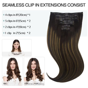 DOORES Hair Extensions Seamless Clip in Human Hair, Dark Brown to Chestnut Brown 7pcs 110g 16 Inch,