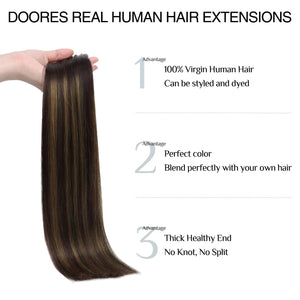 DOORES Hair Extensions Seamless Clip in Human Hair, Dark Brown to Chestnut Brown 7pcs 110g 16 Inch,