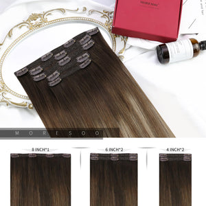 Moresoo Clip in Balayage Extensions Ombre Dark Brown to Blonde Golden Blonde Clip ins 12inch 5Pcs 70G