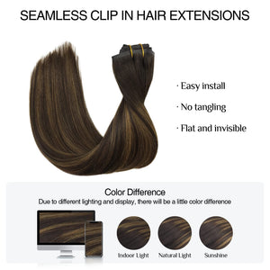 DOORES Hair Extensions Seamless Clip in Human Hair, Dark Brown to Chestnut Brown 7pcs 110g 16 Inch,