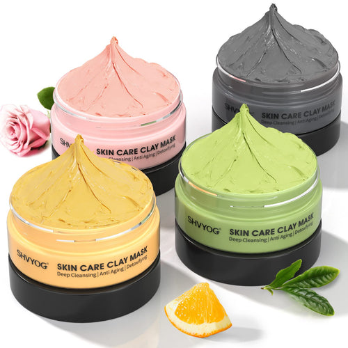 4 Pcs Clay Facial Mask Set - Turmeric, Vitamin C, Green Tea, Dead Sea Mud, and Rose Clay for Deep Cleansing, Moisturizing, and Refining Pores - 240g