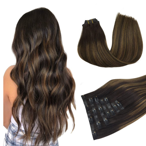 DOORES Hair Extensions Seamless Clip in Human Hair, Dark Brown to Chestnut Brown 7pcs 110g 16 Inch,