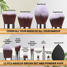 Load image into Gallery viewer, BS-MALL Makeup Brush Set 11Pcs Bamboo Synthetic Kabuki Brush Set Foundation Powder Blending Concealer Eye shadows Blush Cosmetics Brushes with Organizer Bag &amp; Makeup Sponge