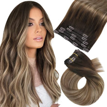 Load image into Gallery viewer, Moresoo Clip in Balayage Extensions Ombre Dark Brown to Blonde Golden Blonde Clip ins 12inch 5Pcs 70G