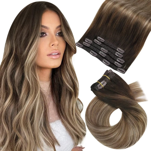 Moresoo Clip in Balayage Extensions Ombre Dark Brown to Blonde Golden Blonde Clip ins 12inch 5Pcs 70G